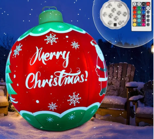Light Up PVC Inflatable Christmas Ball, 24 Inch Large Outdoor Xmas Decorated Merry Xmas Giant Ball