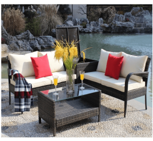 4 Piece Patio Sectional Wicker Rattan Outdoor Furniture Sofa Set with Storage Box Brown