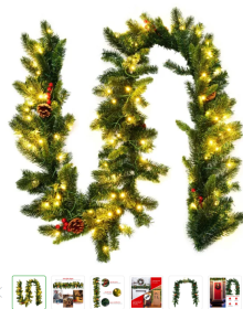 9 Feet Pre-lit Artificial Christmas Garland Red Berries with LED