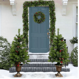 Pre-lit Xmas Tree Artificial Christmas 4-Piece Set,Garland, Wreath and Set of 2 3FT Entrance Trees X-mas with LED Lights, Christmas Tree