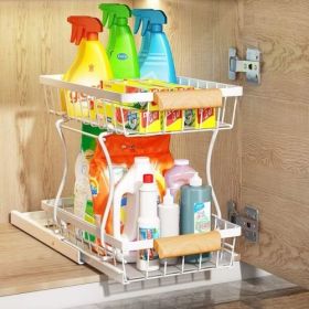 Under the sink Rack 2 Layer Bathroom Kitchen Pull-Out Metal Shelf Organizer White - White