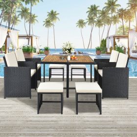 (9-Piece) Patio All-Weather PE Wicker Dining Table Set with Wood Tabletop for 8, Black Rattan+Beige Cushion - black - Rattan