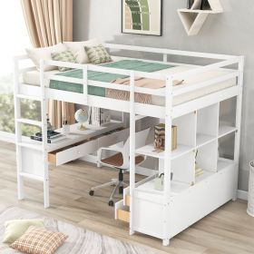 Full Size Loft Bed with Built-in Desk with Two Drawers;  and Storage Shelves and Drawers