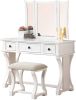 Unique Modern Bedroom Vanity Set w Stool Foldable Mirror Drawers White Color MDF Veneer 1pc Vanity Furniture