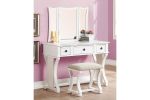 Unique Modern Bedroom Vanity Set w Stool Foldable Mirror Drawers White Color MDF Veneer 1pc Vanity Furniture